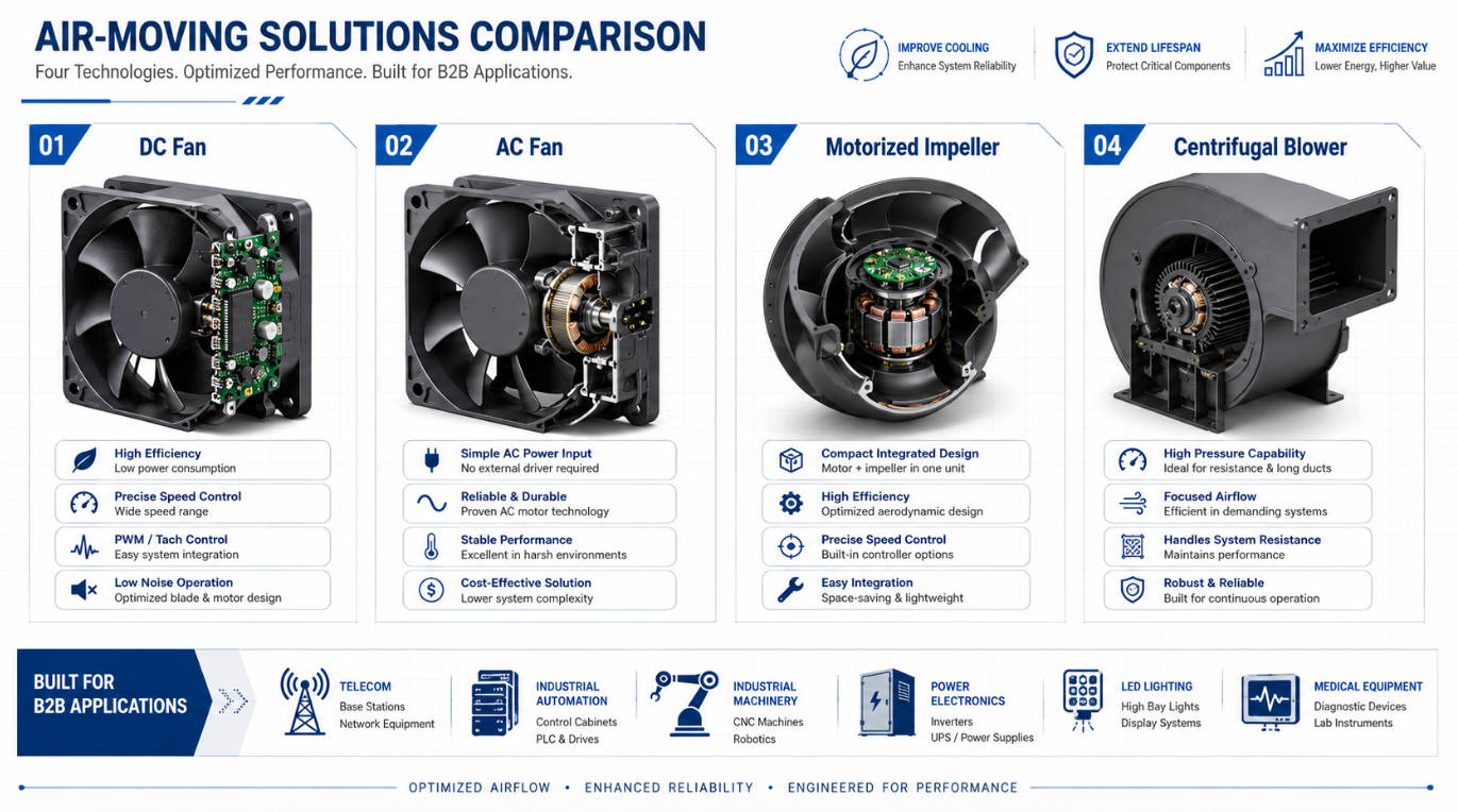 How To Choose The Right DC Or AC Fan, Motorized Impeller, Or Blower for High‑Reliability Cooling