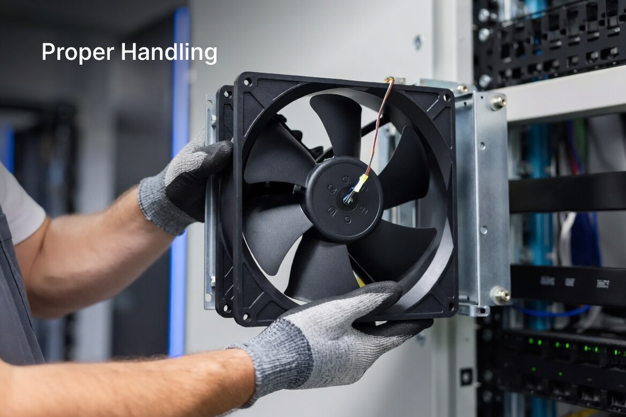 Technician Handling DC Cooling Fan